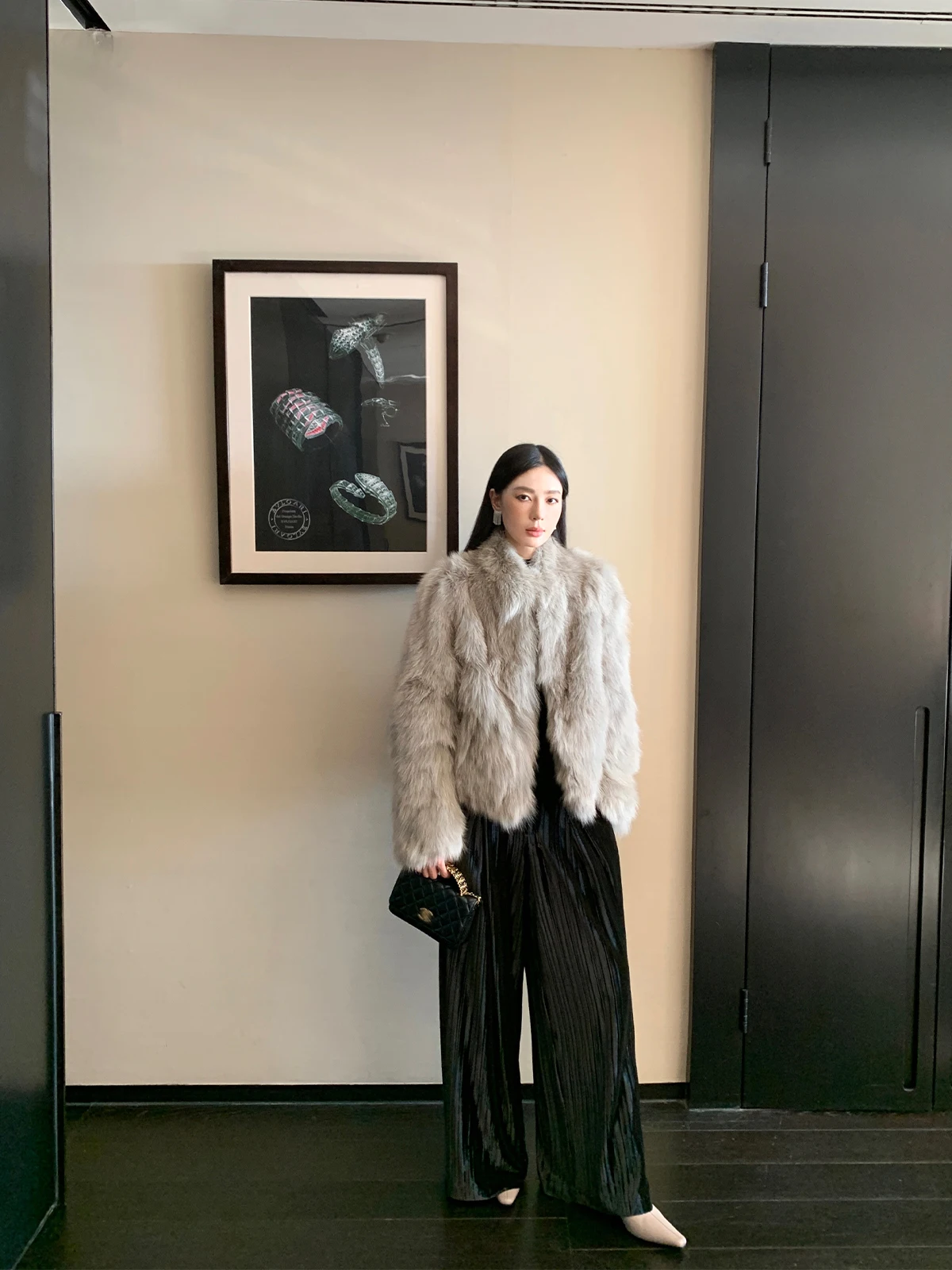ZhouMiao Women's Casual Pants Velvet Drapey Texture Pressed Folded Long Trousers Vertical Stripe Pattern Double-Sided Color B...