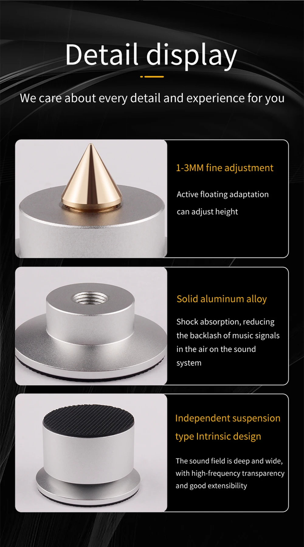 4-teiliger Audioverstärker aus Aluminiumlegierung mit Stoßdämpfer-Fußnägeln, Hifi-Fußpolster für Lautsprecher, CD, praktischer Fußmattenhalter – Detail 5