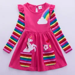 Girls' Long Sleeve Unicorn Dress Autumn Embroidery Two Pockets Rainbow Sleeves 81035