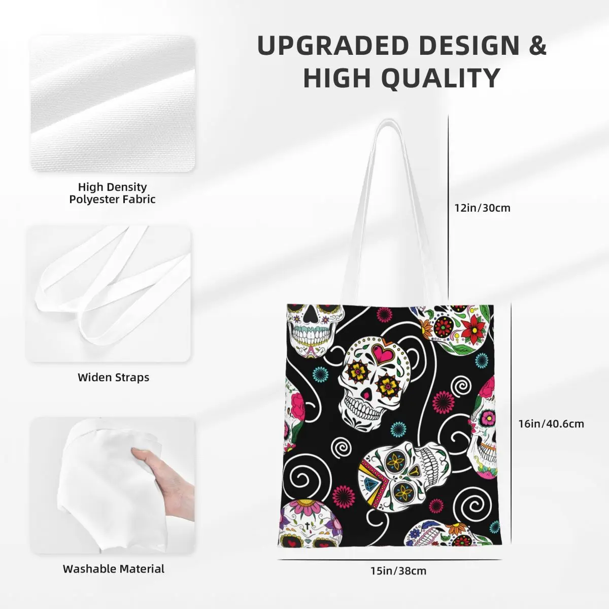 حقيبة يد من القماش على شكل جمجمة السكر لهدايا الهالوين، حقائب كتف يوم الموتى، حقائب تسوق ذات سعة كبيرة للنساء #6