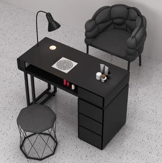 Modern Black Wood Nail Art Table And Chair Set Nail Art Table With Vacuum Cleaner And Light Environmentally Friendly Commercial