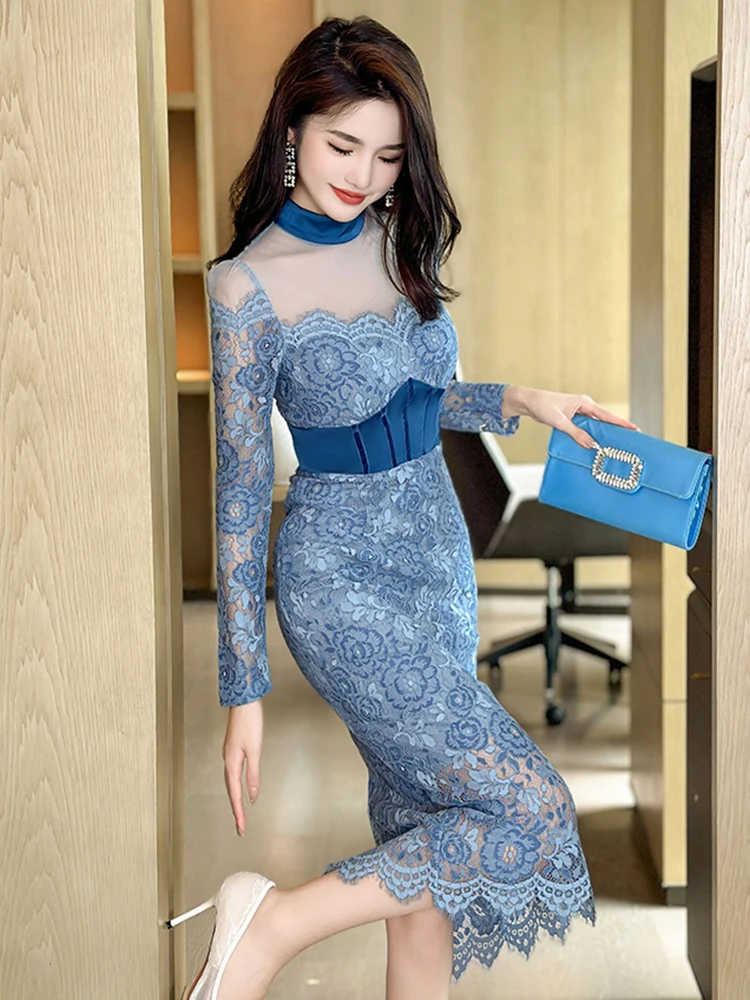 French Women's Prom Dress Woman Elegant Sweet Sheer Mesh Blue Lace Hook Flower Hollow Bodycon Robe Party Vestido Banquet Clothes