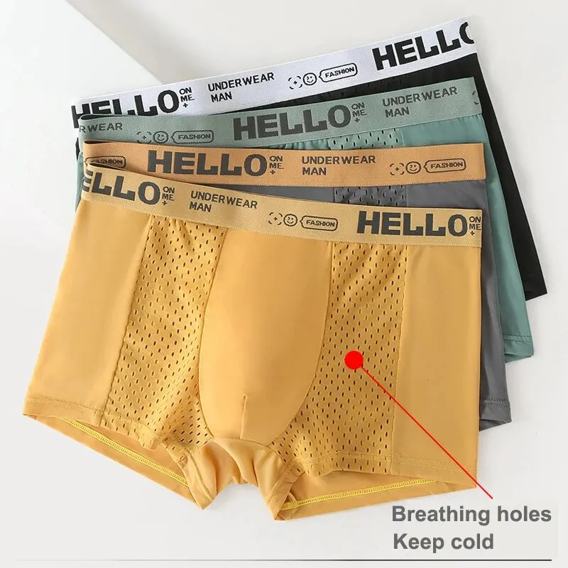 [4 Pack] Men\'s Underwear Ice Silk Mesh Hole Solid Color Comfortable Boyshort Letter HELLO Underpant Briefs