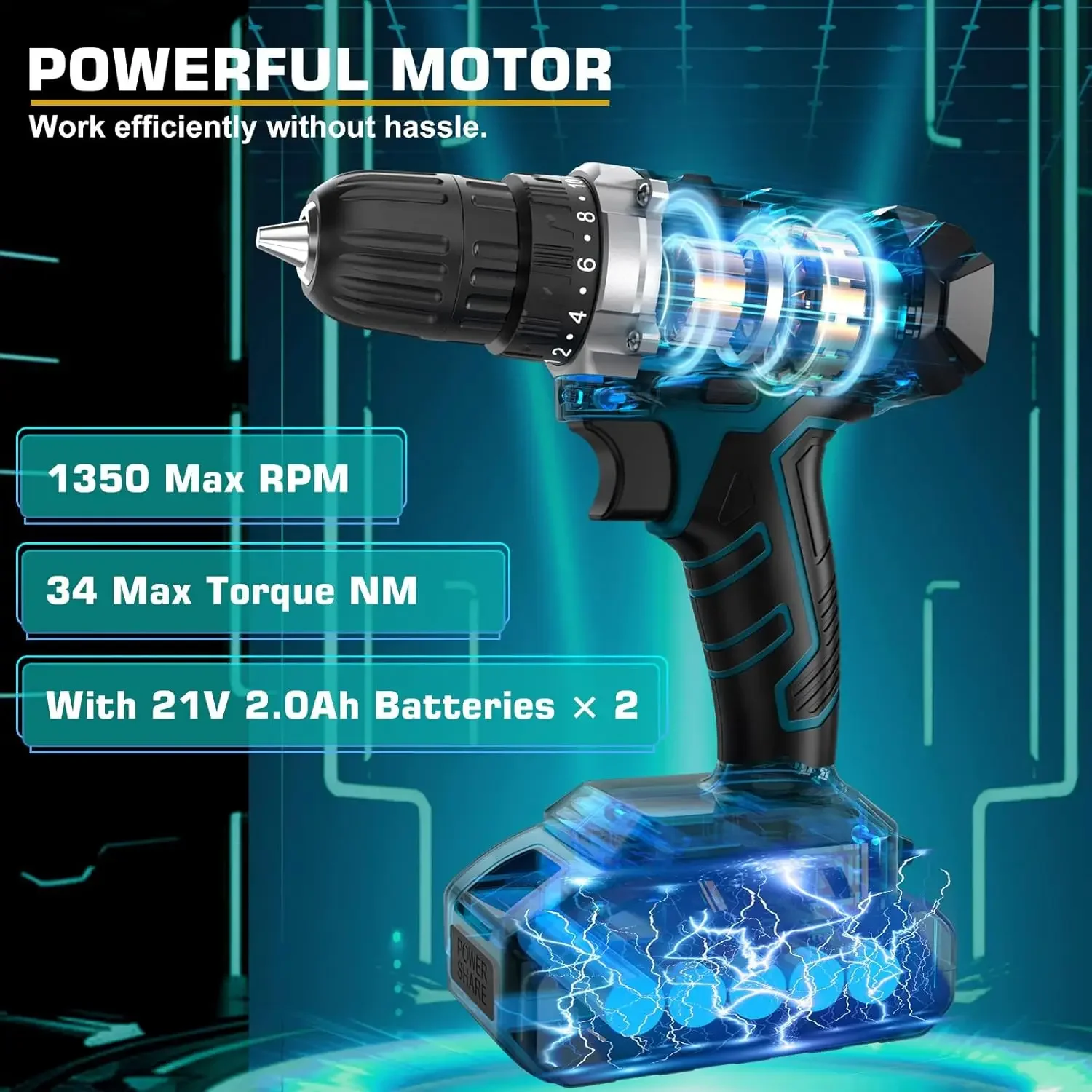 21V Cordless Drill - Sundpey 255-PCs Portable Complete General Basic Home and Auto Repair Tool Set with Drawer for Handyman