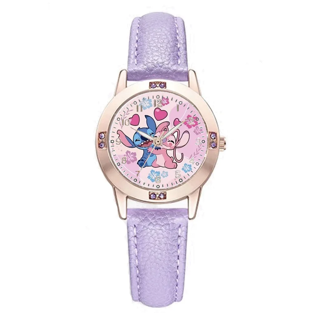 Disney Mickey Mouse Stitch Fashion Cartoon Children's Watch Leather Strap For Boys Girls Quartz Women Watch Christmas Gift