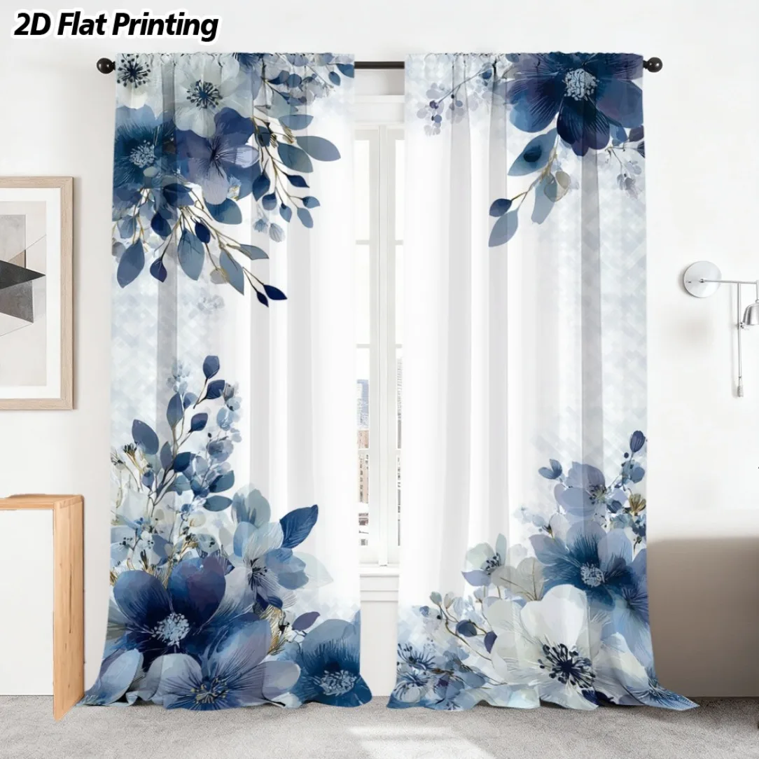 Blue Floral Botanical Watercolor Curtains 2 Pcs Pair Window Curtains for Living Room Bedroom Home Decor Panels