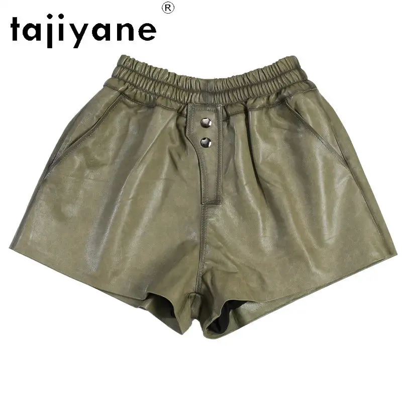 TAJIYANE Women's Shorts Elastic Waist Real Leather Shorts Oil Wax Leather Shorts for Woman Clothing Wide-leg Short Pants Шорты
