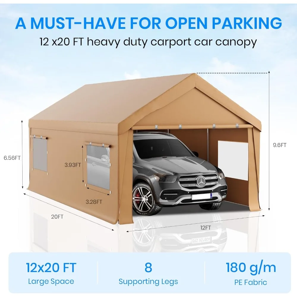carport 12x20 heavy duty portable garage,carport canopy with roll-up windows & doors,portable garage and shelter with removable