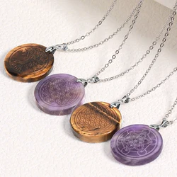 CSJA Natural Stone Round Pendant Necklace Carved 7 Chakra Tree of Life Flower of Life Crystal Trendy Necklaces Jewelry H256