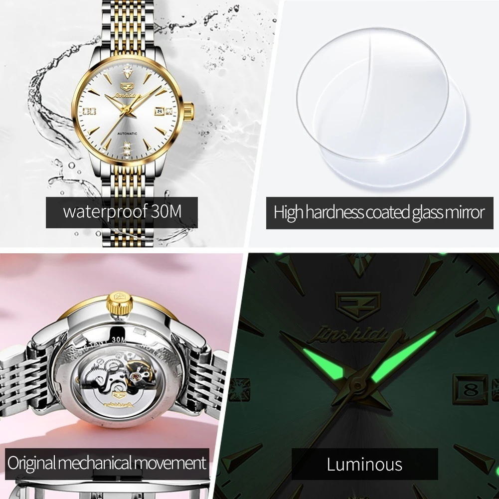 JSDUN 8943 기계식 패션 시계 선물 스테인레스 스틸 시계 밴드 라운드 다이얼 손목 시계 달력