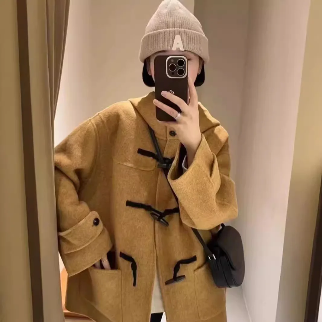 

Korean Style Maillard Cow Horn Buckle Hooded Loose Double-Sided Cashmere Women's Long Woolen Coat