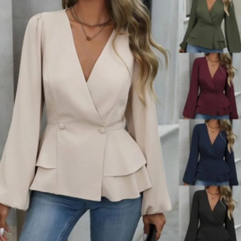 

Women's Autumn New Item Light Mature Commuting Style Slim Fit Waist Cinched French Lace Long Sleeved Waist Pinching Shirt Bluz