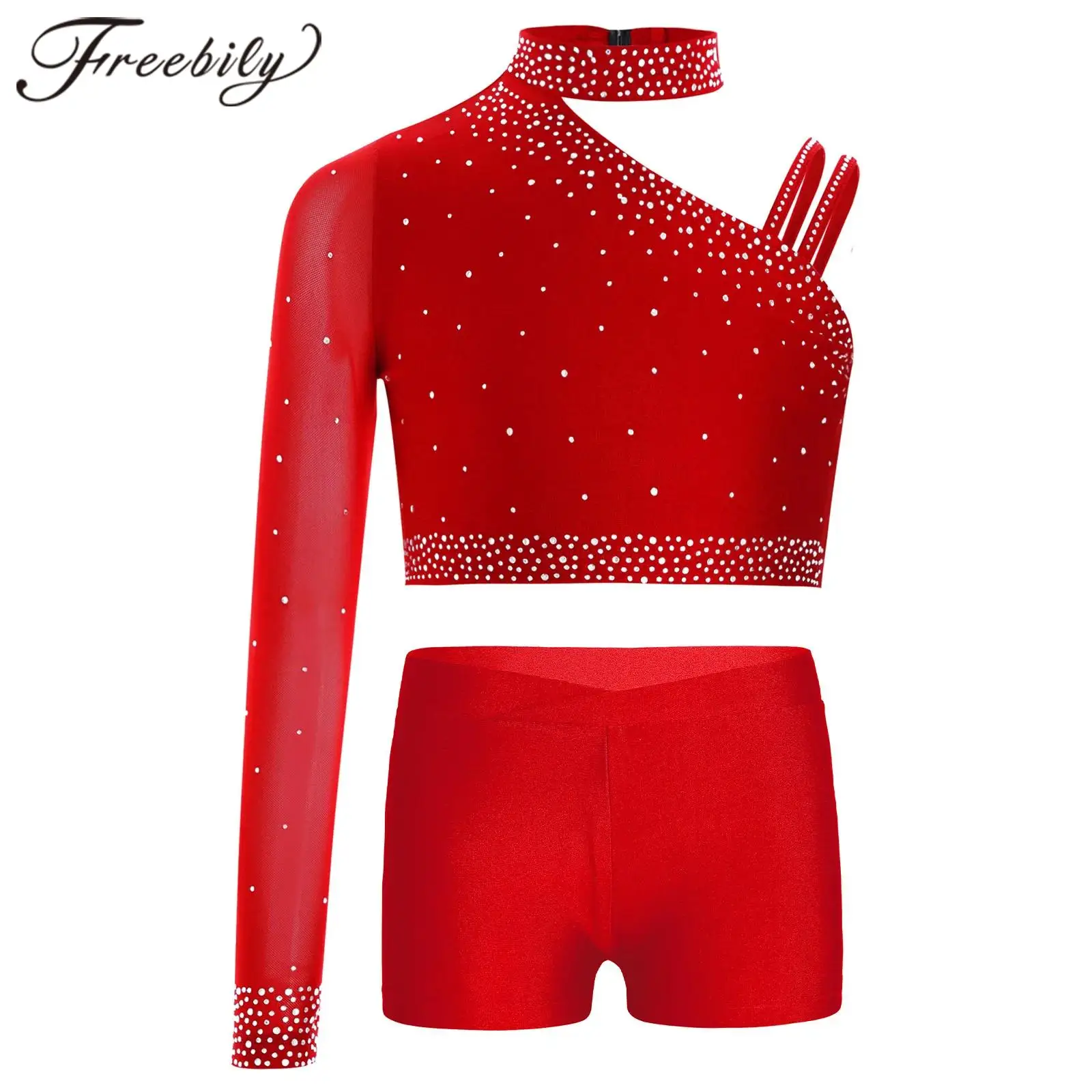 Kids Sparkly Rhinestones Stage Performance Costume Ballet Dance Outfit for Girls Children Workout Gymnastics Skating Sets
