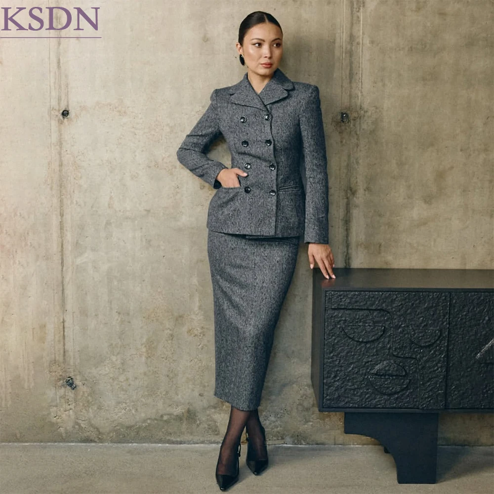 Customized Wollen Women's Suits 2 Piece Fashion Double Breasted Notch Lapel Jacket With Skirts Luxury Business Office Blaze