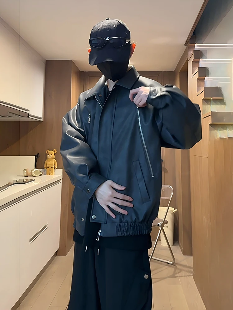 

Черный американский мотоциклетный кожаный джет, мужской сли, ветрозащитный, осенне-зимний, воротник-стойка, двойная молния, рабочая одежда, мяч...