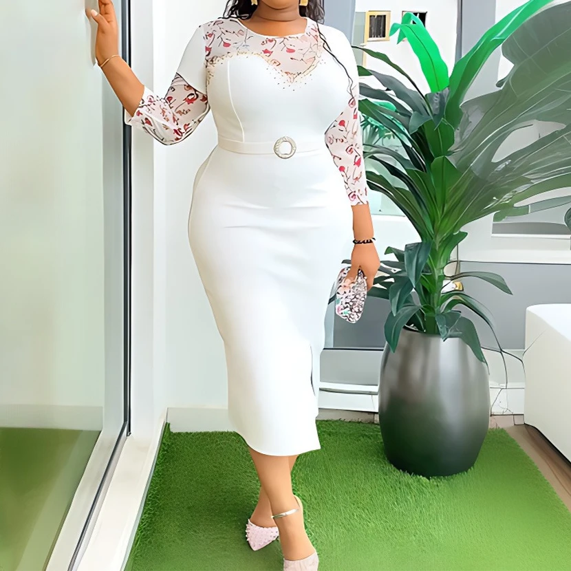 

Mid Length Dress Women White Dresses Bodycon Print Floral Vestidos Slim Night Round Neck High Waist Elegant Y2k Party Work 2025