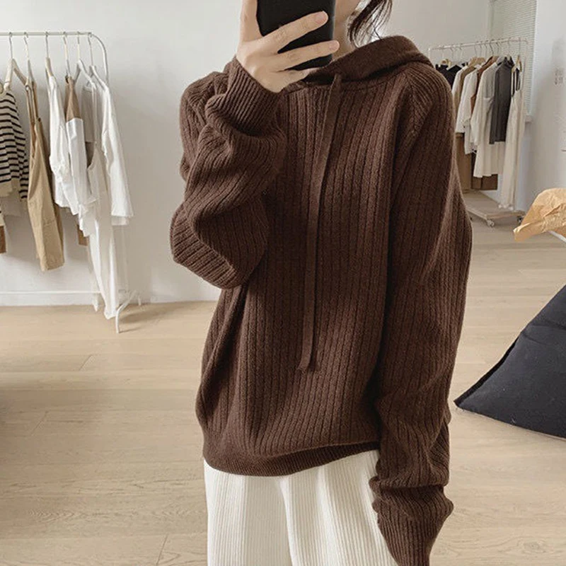 Suéteres con capucha de punto de Color liso para mujer, suéter cálido de manga larga para otoño e invierno, jersey grueso holgado que combina con todo para mujer