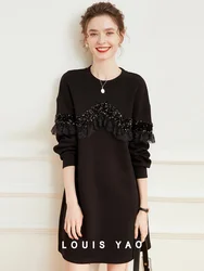 LOUIS YAO Women Dress 2024 New Round Neck Long Sleeve Sequin Lace Dress Casual Loose Fit Short Dress for Women