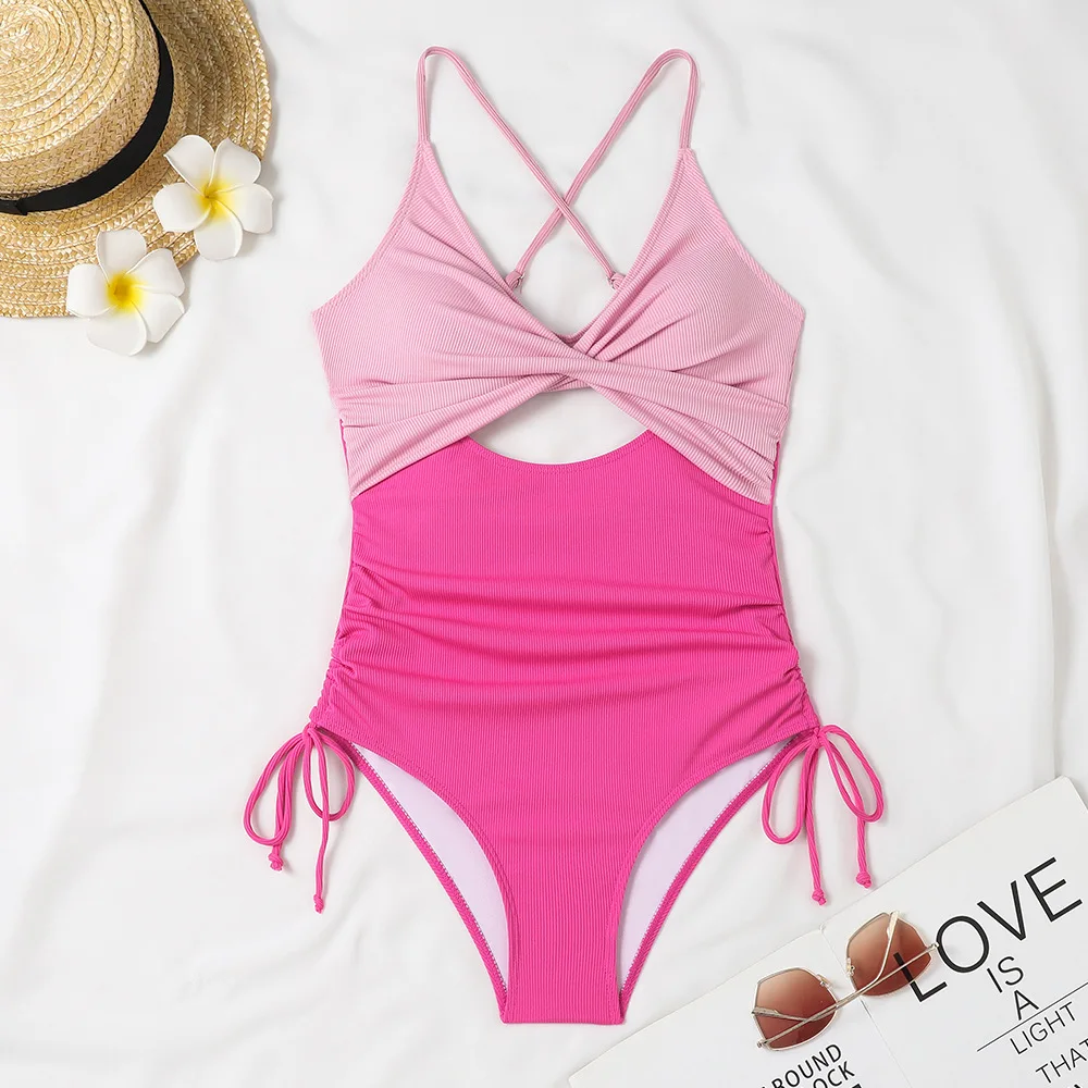2025 Summer Women V Neck Sexy Hollow Out Sleeveless Bodysuit Swimwear One Piece Suit Bandage Lace-Up Solid Color Womens Clothes