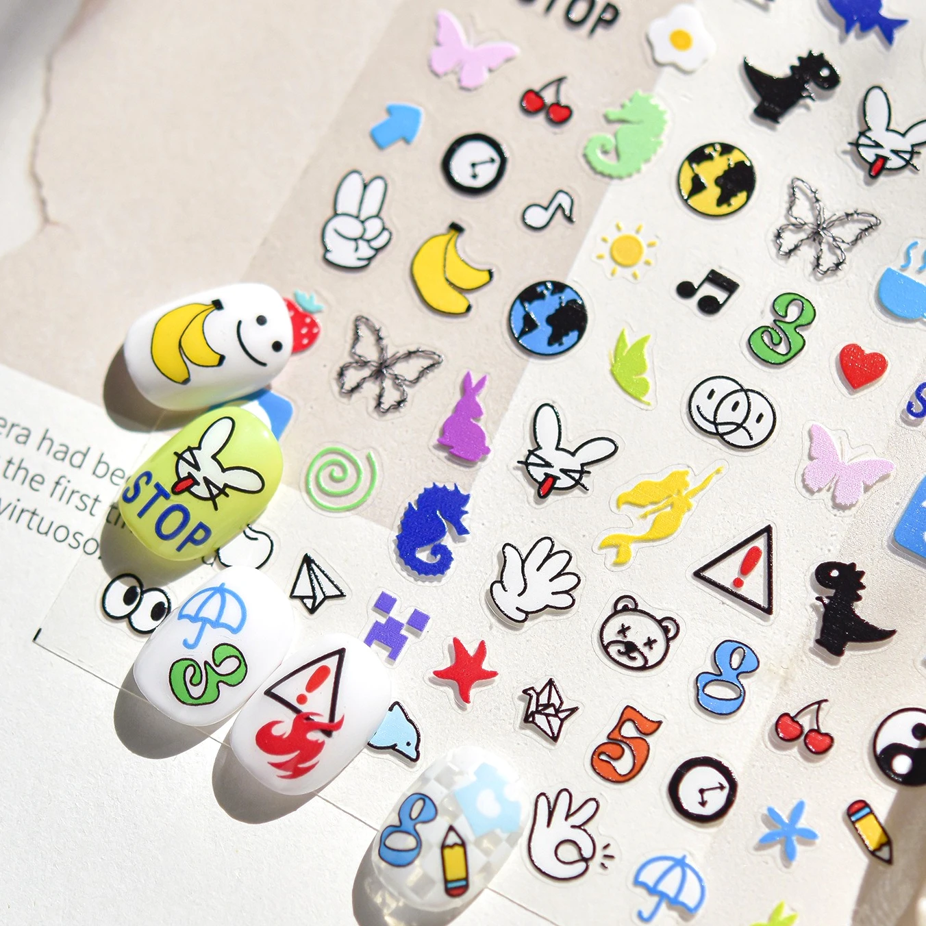 

Cartoon Skeleton Mermaid Digit Cat Fruit Line Butterfly Note Bear Animal Tai Chi Watch Dinosaur Nail Art Sticker Manicure Decals