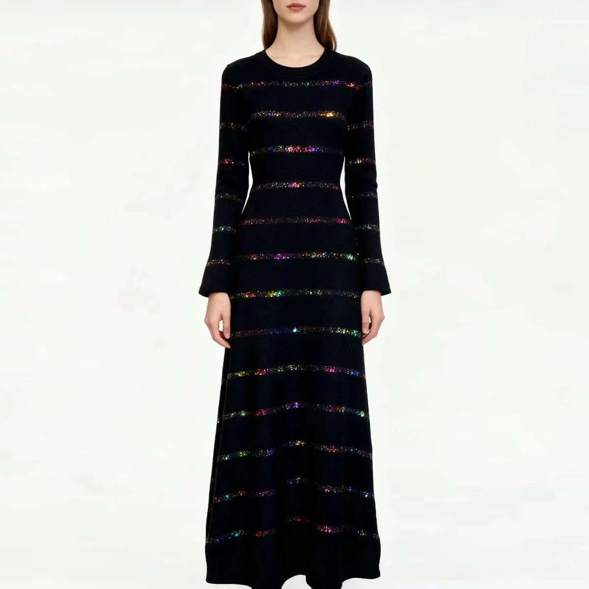 Black Stripes Long Knitted Dress Sequins O Neck Slim A Line Skirt Spring Long Sleeve Evening Gowns Women's Elegant Party Dresses