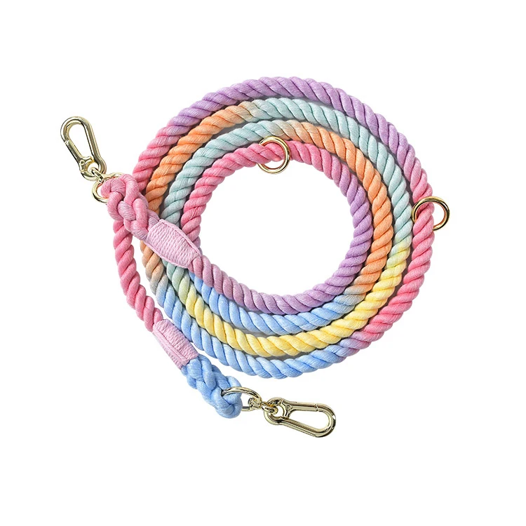 Handmade Dog Harness Leads & Slip Collar Set Rainbow Cotton Rope with Personalized Features Solid Leather Tangle-Free Dog Leash