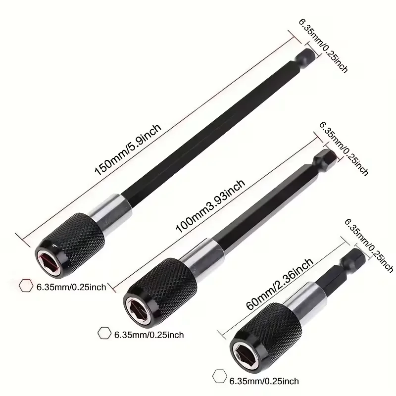 3pcs Magnetic Drill Bit Extension Kit, Universal Impact Motor Drill Bit, Durable Steel Structure, Professional Tool Accessories