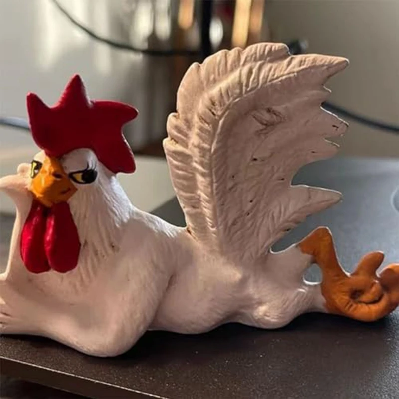 Chicken Rooster Decor Statue Mini Funny Side Lying Winking Cocks Table Figurine, Durable