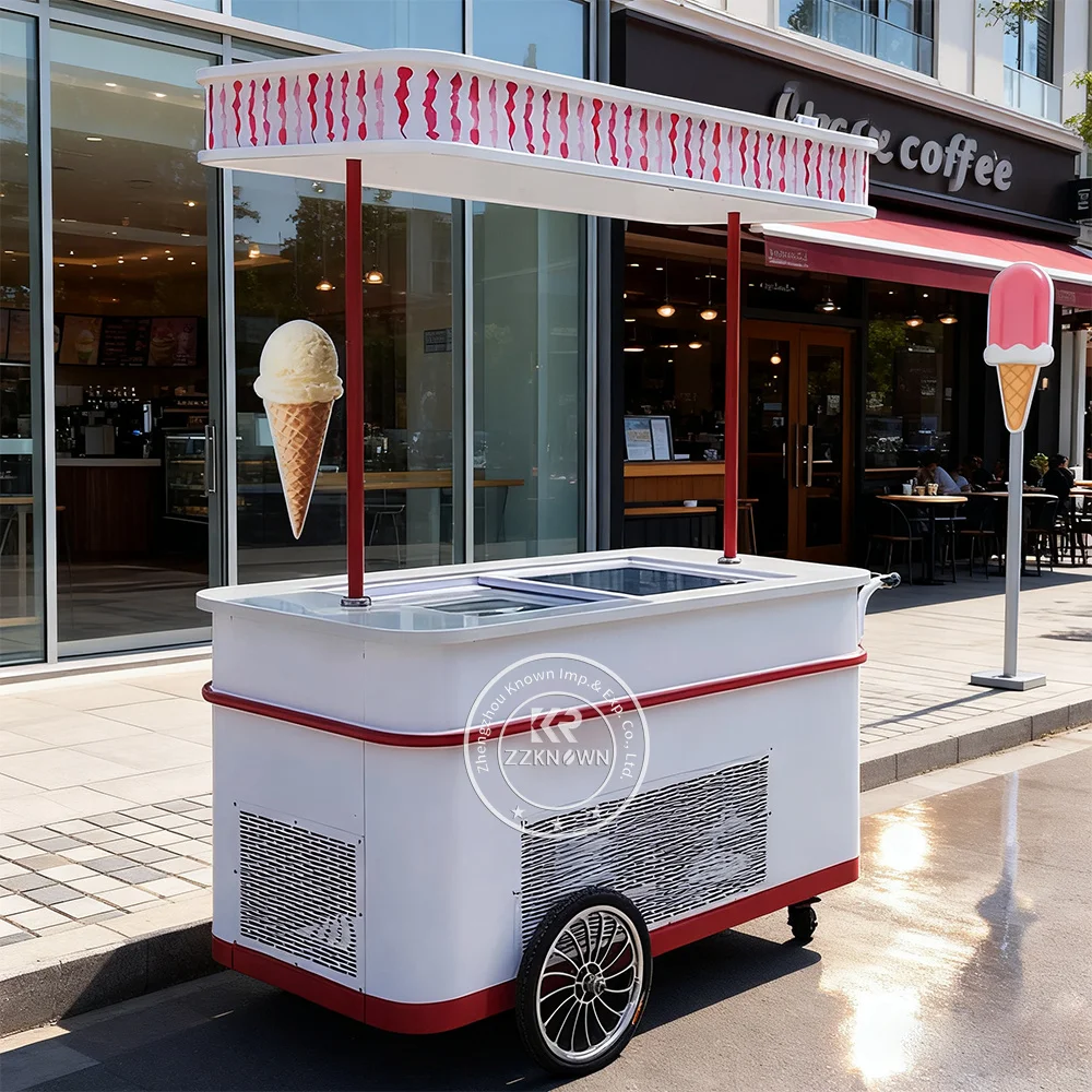 

Mobile Food Cart Street Food Cart Ice Cream Trolley Cart Gelato Display Freezer Solar Ice Cream Showcase
