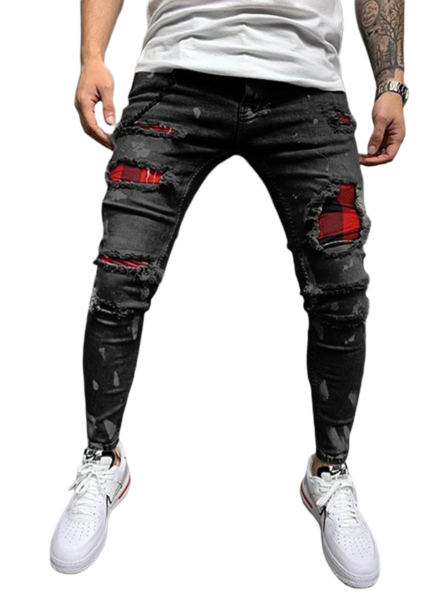 Men’ s Ripped Jeans Boys High Waist Trousers Close-Fitting Pants for Spring Fall Black Blue Gray S M L XL XXL XXXL