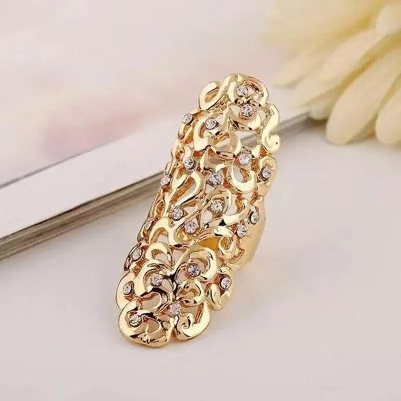 Milangirl Fashion Retro Exaggerate Hollow Out Crystal Gold Color Big Knuckle Rings for Women Jewelry Gifts Long Wedding Rings