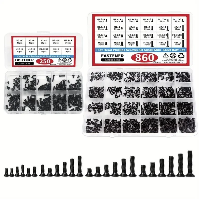 250 860Pcs Small Computer Screw Assortment Kit Black Micro Eyeglass Screws M1.2 M1.4 M1.7 M2 M2.3 Combo