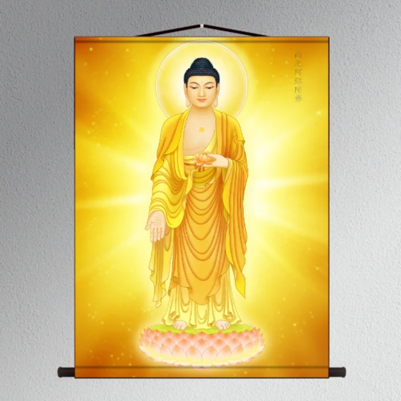 

Exquisite Amitabha Buddha Statue Silk Scroll Hanging Painting Home Buddha Hall Wall Decoration Painting