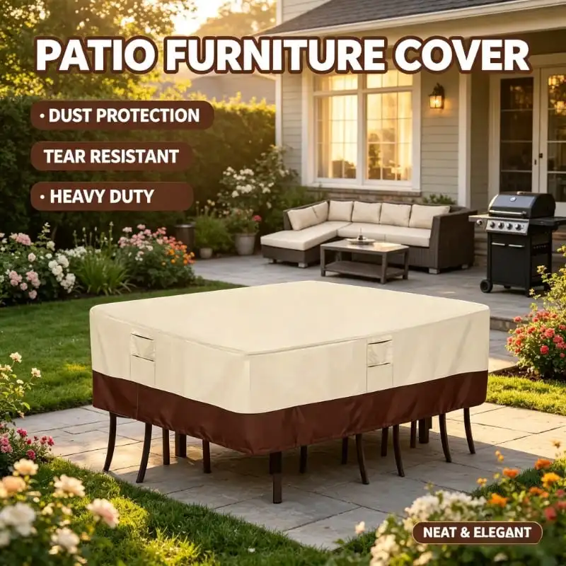 Square Outdoor Patio Furniture Set Cover Waterproof Anti-UV Dustproof Two-tone Garden Table Chair Protective Cover with Side Sto