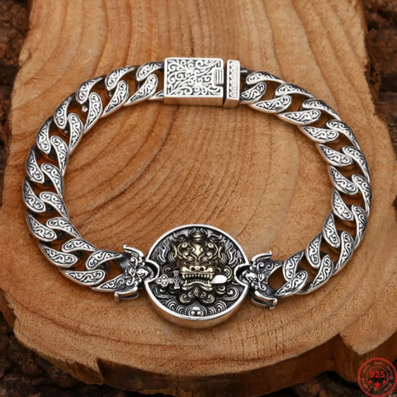 

S925 Sterling Silver Bracelets for Men New Fashion Eternal Rattan Pattern Lion Bites Sword 10mm Tank-chain Jewelry Wholesale