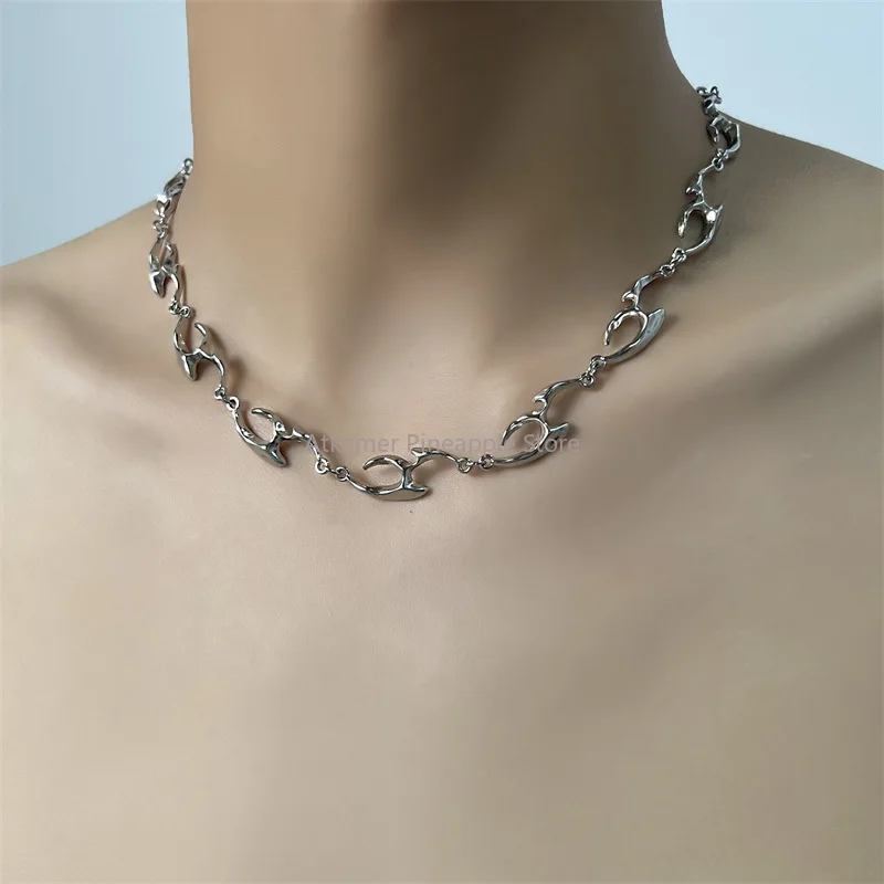 

Y2K Silver Color Stainless Steel Rock Flame Shape Choker Necklace for Women Men Punk Irregular Collar Charms Jewelry Gifts