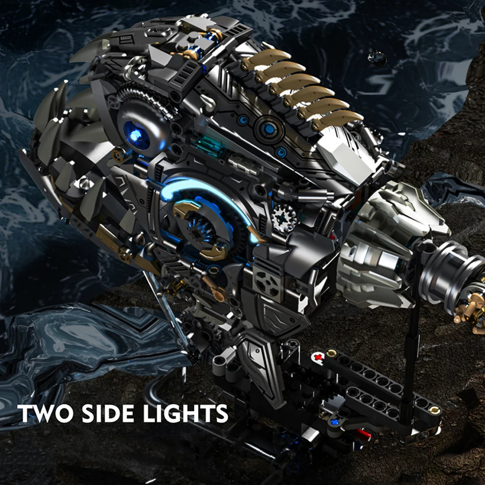 MOC-modelo de pez piraña mecánico, bloques de construcción con Motor ligero, potencia, simulación de mar, animales, montaje de ladrillos, juguetes, regalos para niños