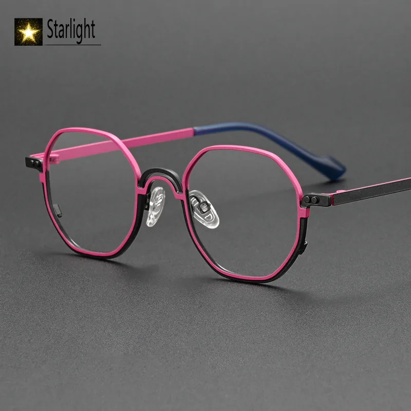 Vintage Two-color Patchwork Glasses Frame Men for Small Face Metal Polygonal Eyeglasses Frames Women Prescription Myopia Reading