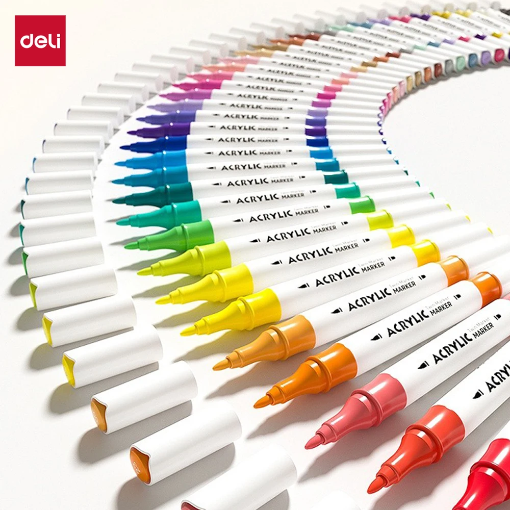 Deli Dual-Tip Acrylic Markers Set Highlighters Art Brush Paint Pens for Doodling Hand Drawing Multiple Sizes 12/24/36/48 Pcs