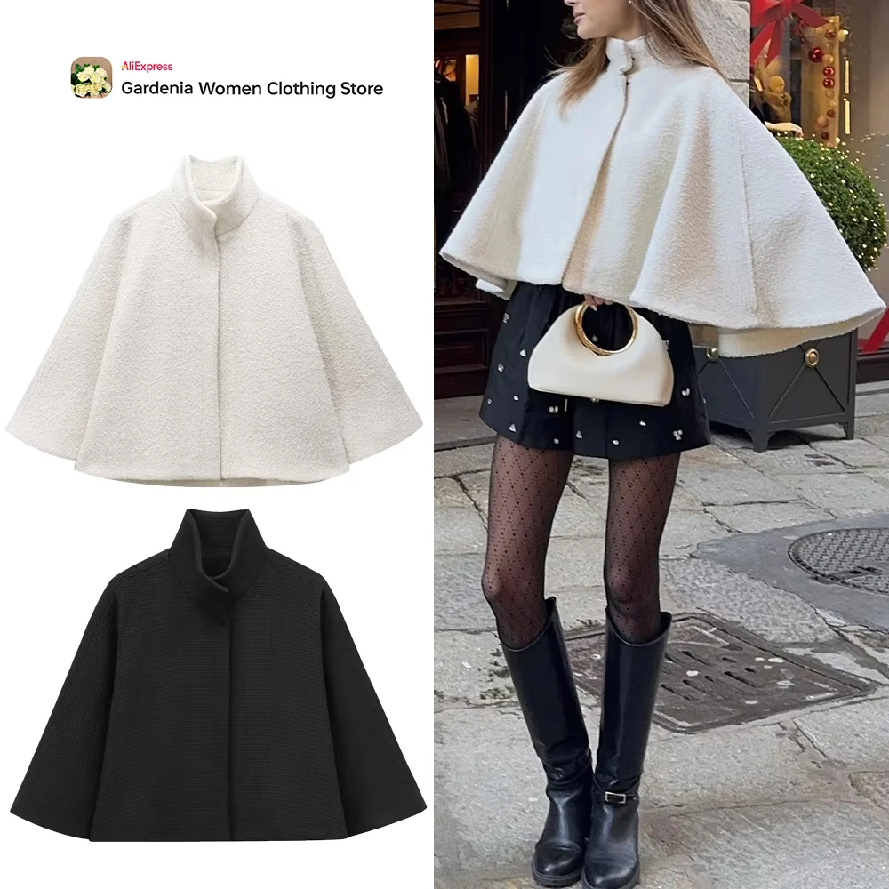 Aesthetic Women Gorgeous Cloak Weekend 2Colors Female Casual Outerwears Fashion Cozy High Collar Cape with Hidden Button Closure