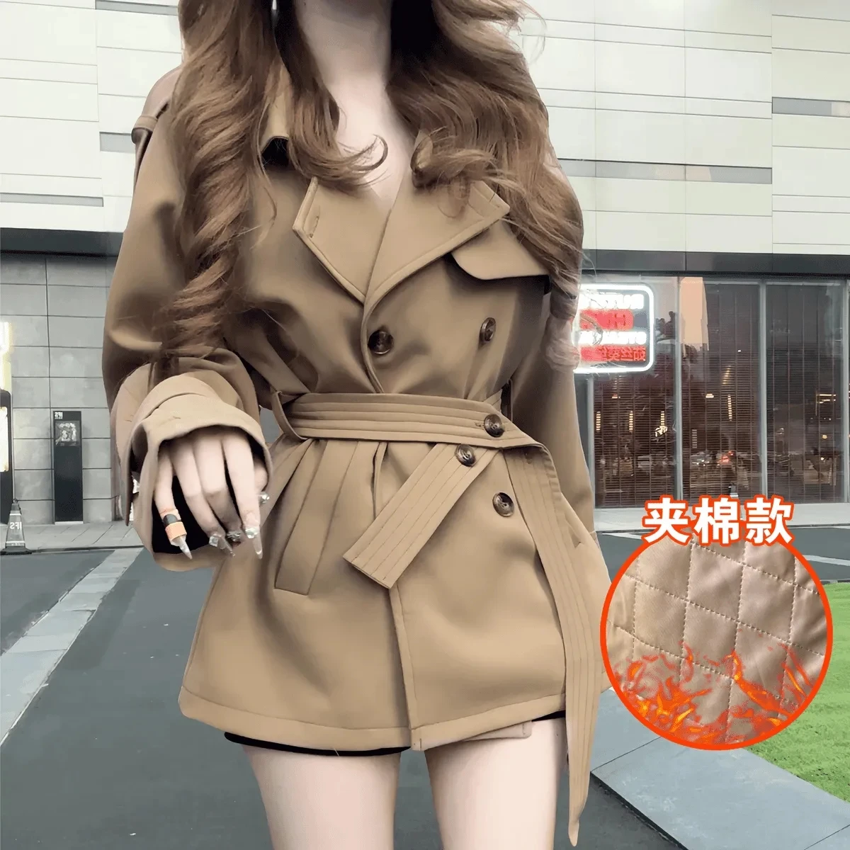 Chique casual curto trench coat jaqueta feminina outono inverno nova moda duplo breasted design cintura emagrecimento blusões