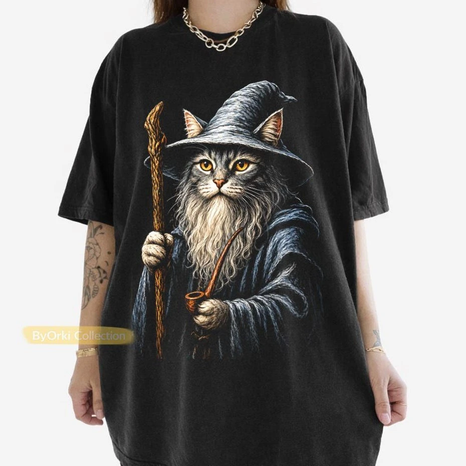Wizard Cat T-shirt, Cat Dalf Wizard Shirt Retro Wizard Cat T-shirt Cat Wizard Shirt, Fun Cat Emoji Top, Cute Gift for Cat Lovers