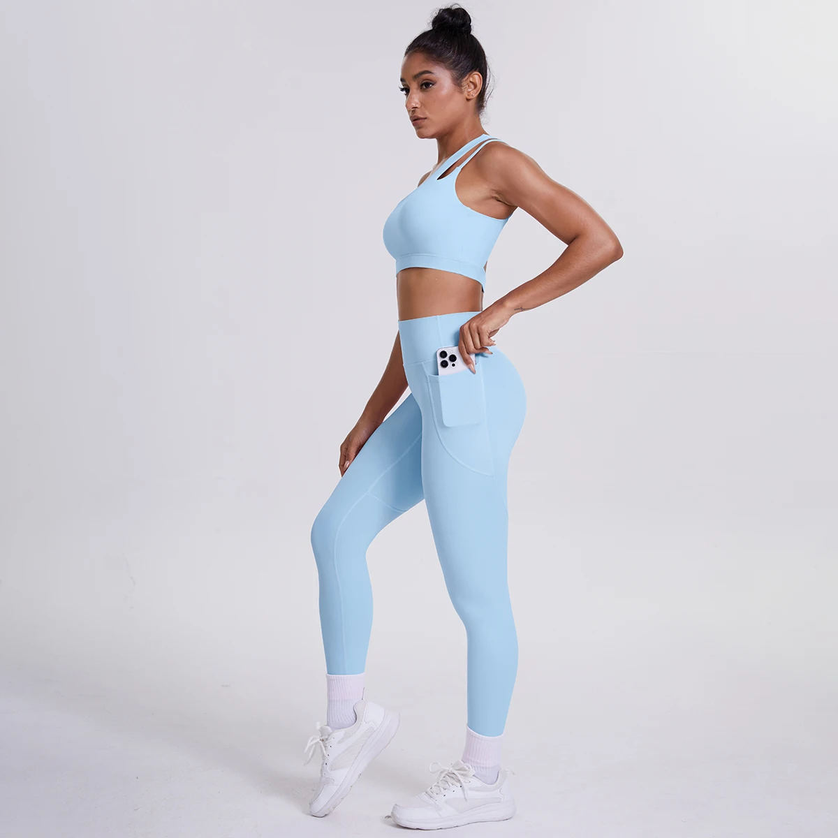 2-teiliges einfarbiges Sport-Yoga-Set für Damen, sexy, schräger Schulter-BH, Fitness-Top, Laufen, Radfahren, Taschen, Hosen, Fitnessstudio, Yoga-Set – Detail 34