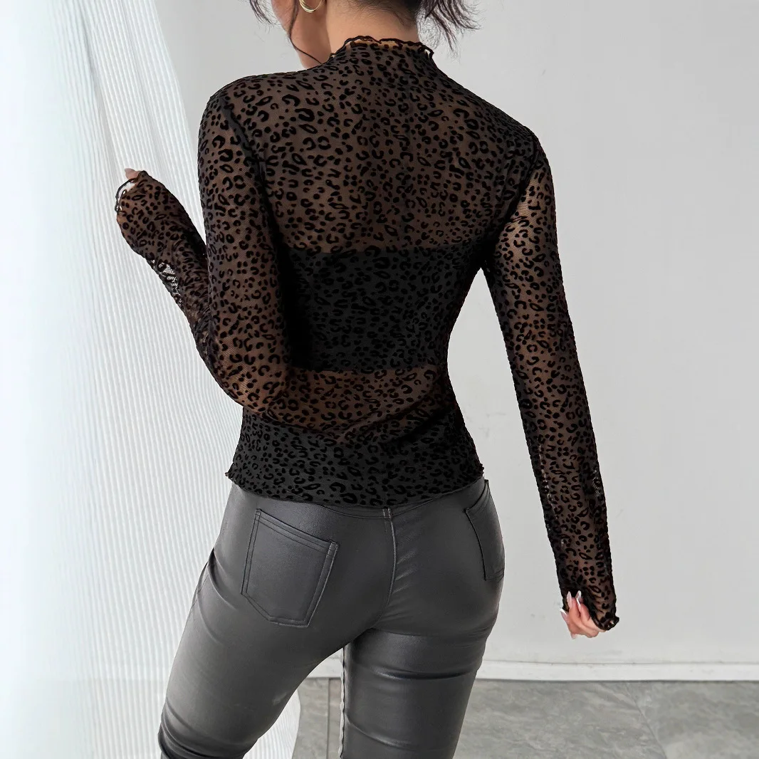 Women Leopard Print Sheer Mesh Long Sleeve T Shirt Ruffle Mock Neck Slim Fit Black See Through Y2K Layering Casual Tee Top