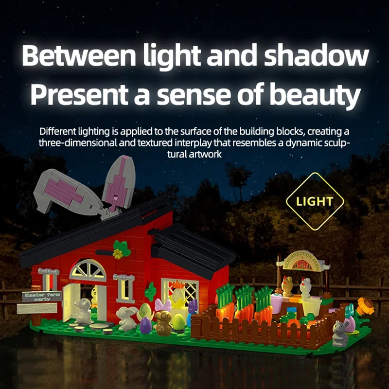 Décennie s de construction de fête de ferme de pâques, modèle de maison de lapin, ensemble de briques avec lumière, jouets de bricolage pour enfants, cadeau de vacances, 3 en 1, 445 pièces