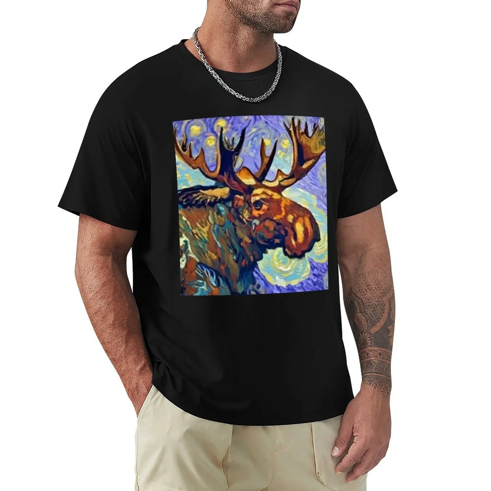 

Funny Moose in Van Gogh Style Art T-Shirt graphics summer shirt anime stuff slim fit t shirts for men