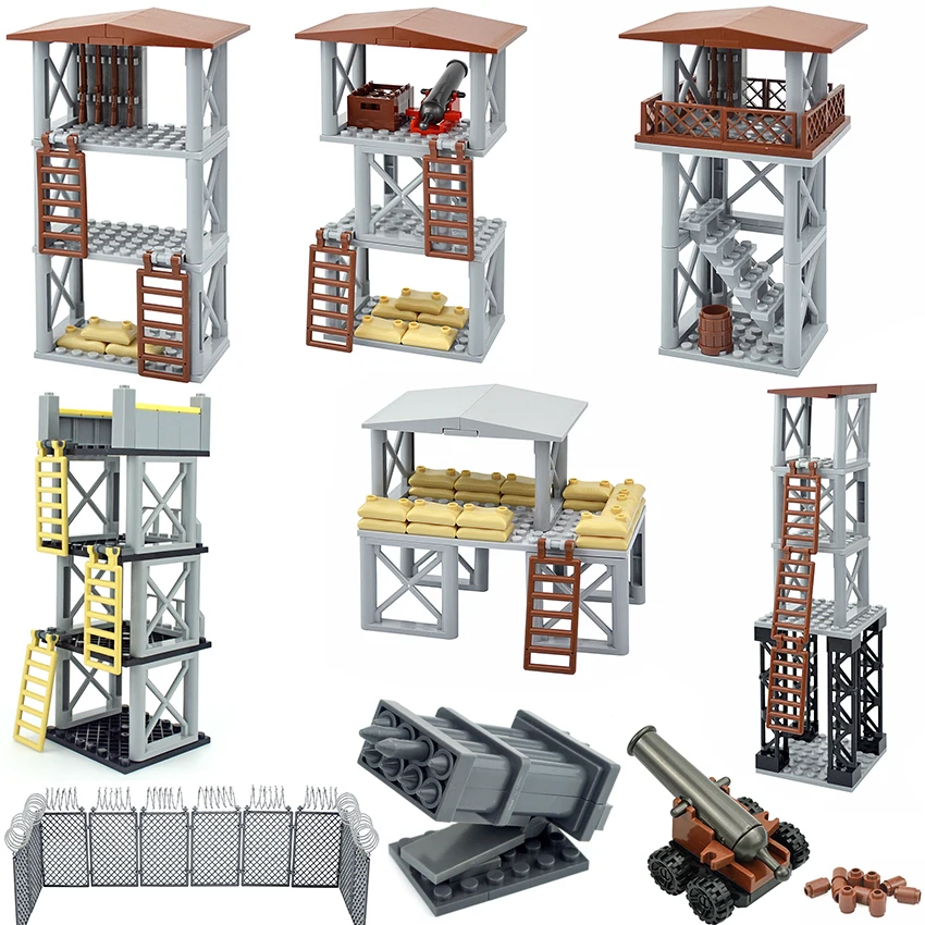 MOC Military Sentry Tower Cannon Fence Barbed Wire Building Set WW2 SWAT Soldier Army Construction Blocks Scene Model Toys