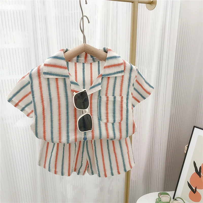 Children\'s Set Summer Short Sleeved Shorts Striped Vest Skirt Siblings Striped Vest Skirt