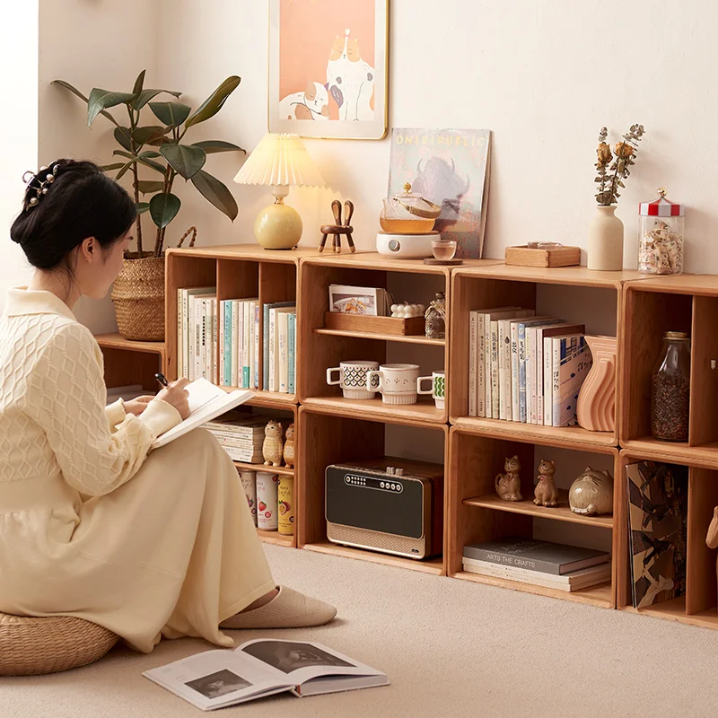 Solid wood free combination cabinet bookcase Japanese living room cherry wood lattice cabinet floor simple bookshelf storage loc