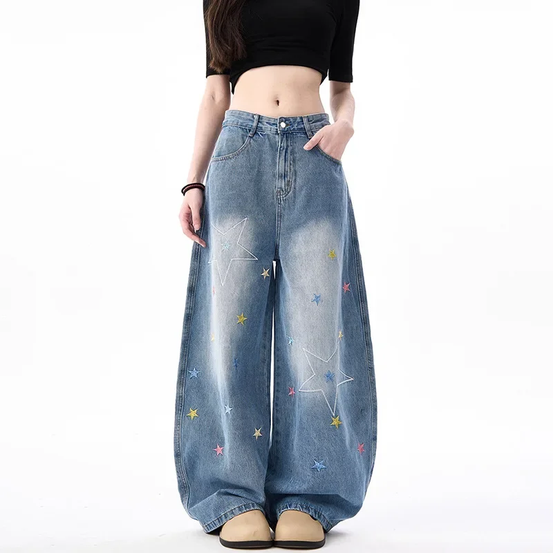 Women's Light Blue Star Embroidered Wide Leg Jeans High Waist Baggy Denim Pants Casual Y2K Streetwear Trousers